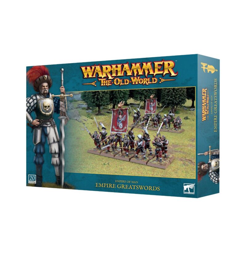 Warhammer: The Old World Empire Greatsword Set featuring detailed figures and vibrant fantasy artwork.