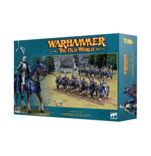 Empire Knights box set for Warhammer: The Old World features dynamic knights and scenic background.