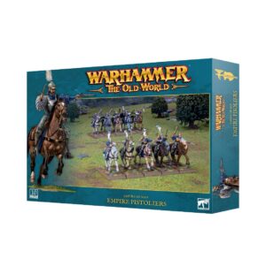Empire Pistoliers Expansion for Warhammer: The Old World, featuring dynamic cavalry action and rich fantasy art.