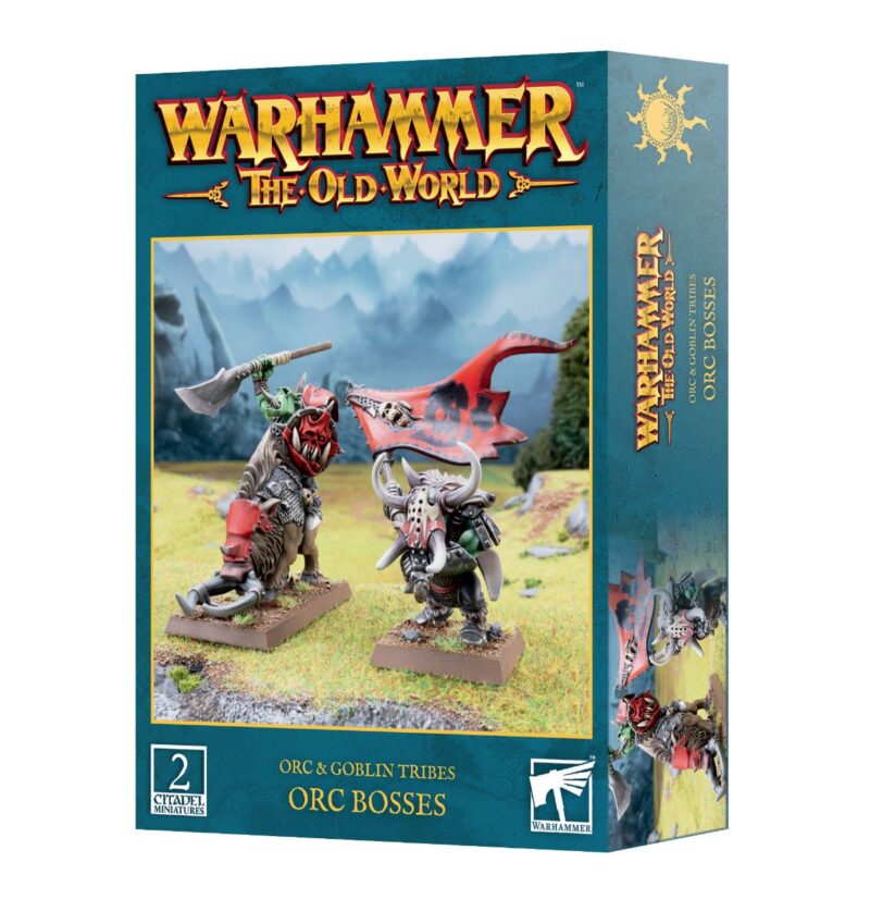Vibrant Warhammer Orcs & Goblins box featuring two dynamic miniatures in scenic outdoor setting.