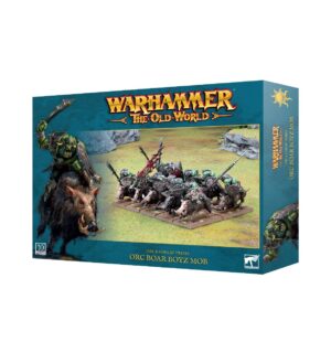 Orc Boar Boyz Mob box art from Warhammer: The Old World, showcasing dynamic fantasy miniatures.