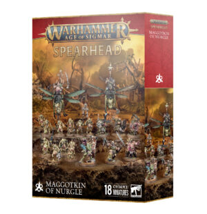 Warhammer Age of Sigmar: Nurgle Spearhead Expansion box featuring grotesque Maggotkin miniatures.