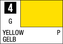 Vibrant yellow color reference with bilingual labels for English and German speakers.