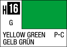 Vibrant yellow-green color swatch H 16 in English and German with classification notations.