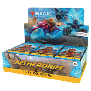 Vibrant Aetherdrift booster display box for Magic: The Gathering, featuring mythical artwork and engaging narratives.