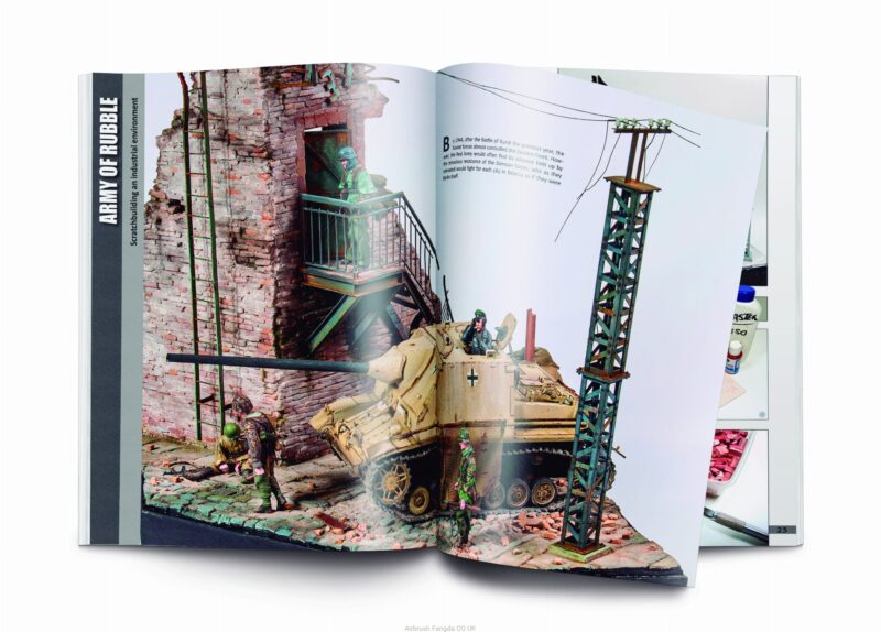 Stunning military diorama with detailed figures and a model tank against a gritty backdrop.