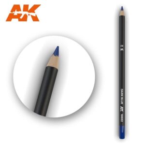 Modern black colored pencil with vibrant blue tip and bold orange AK logo.