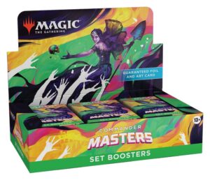 Vibrant Commander Masters booster box for Magic: The Gathering with iconic artwork and guaranteed foil cards.