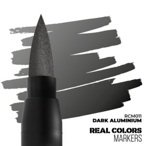 Sleek Dark Aluminium dual-tip marker on brush-stroke background, ideal for artists and crafters.
