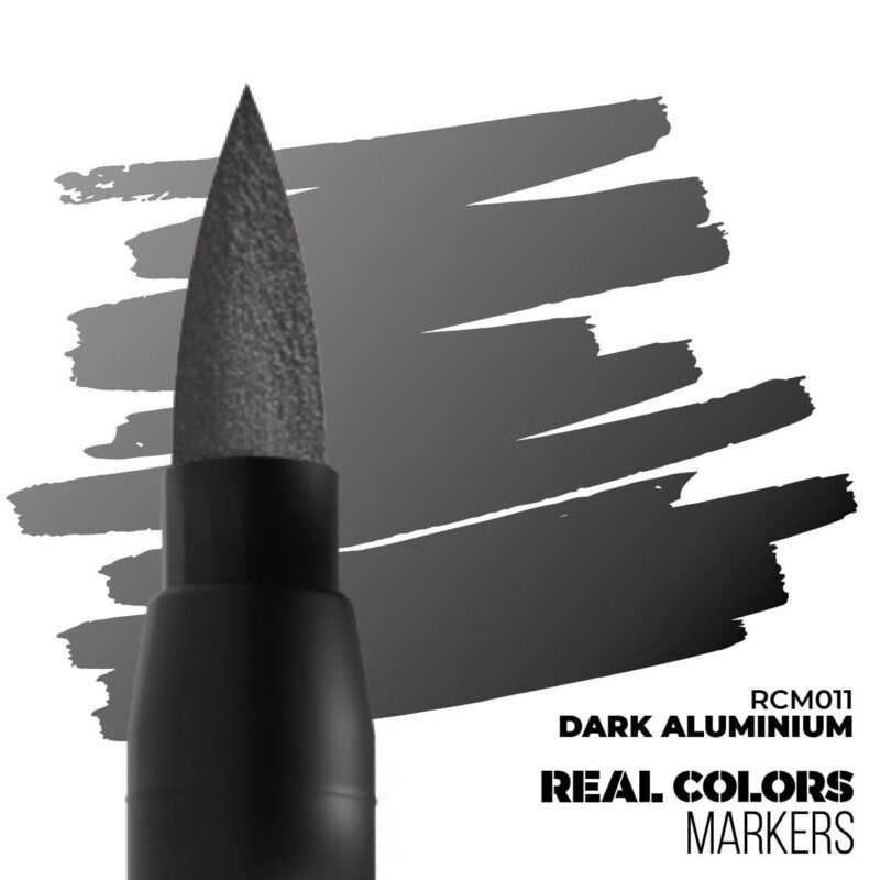 Sleek Dark Aluminium dual-tip marker on brush-stroke background, ideal for artists and crafters.