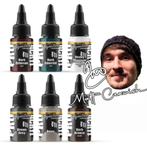 Vibrant paint bottles in rich colors with dropper nozzles, featuring artist Matt Cexwish.