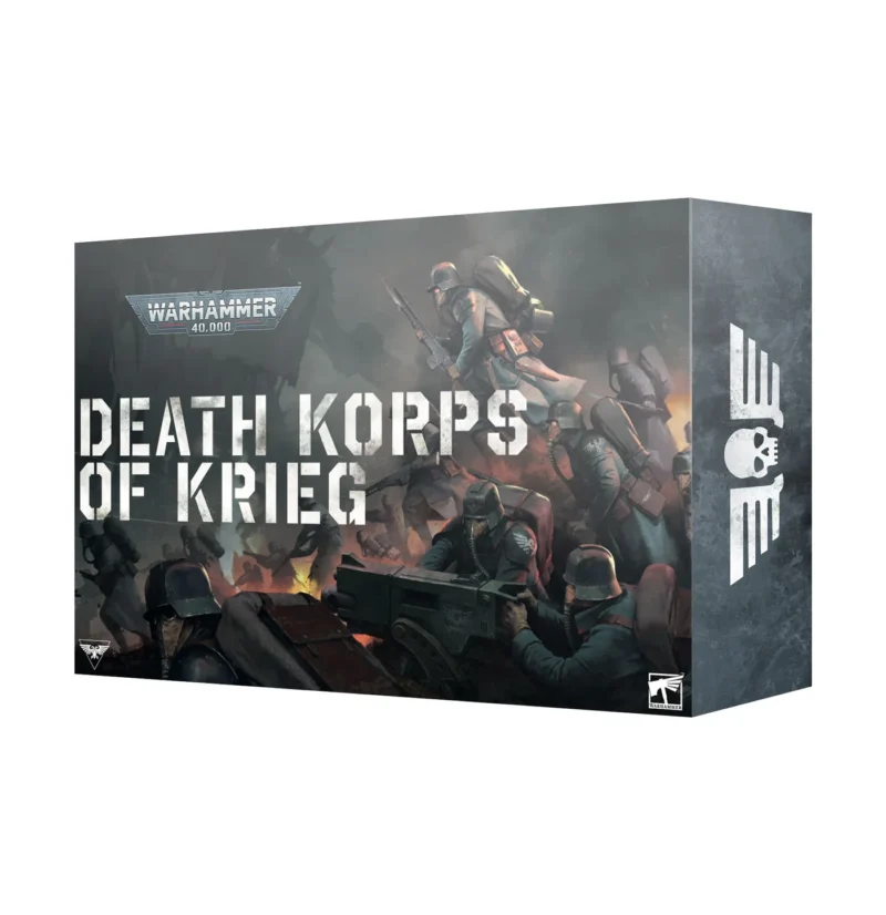 Death Korps of Krieg box art showcases grim heroism in a chaotic Warhammer 40,000 battlefield.
