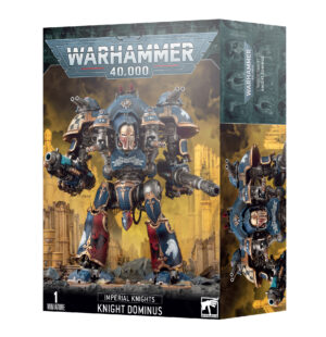 Knight Dominus model kit from Warhammer 40K, featuring detailed design and vibrant dystopian artwork.