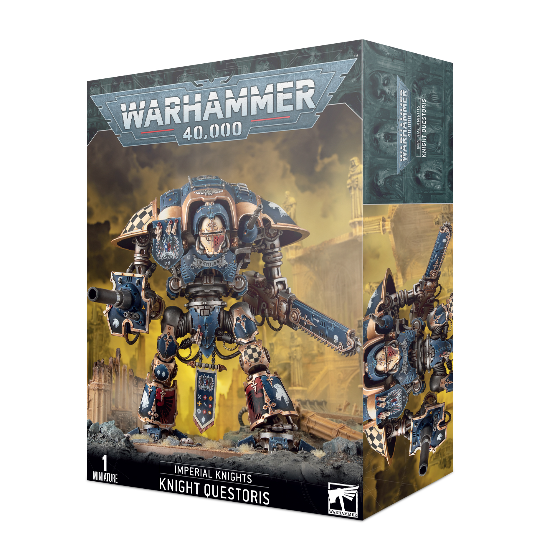 Imperial Knights Knight Questoris model set box featuring dynamic artwork and intricate details.