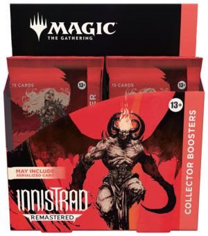 Innistrad Remastered Collector Boosters packaging featuring bold artwork and rare card excitement.