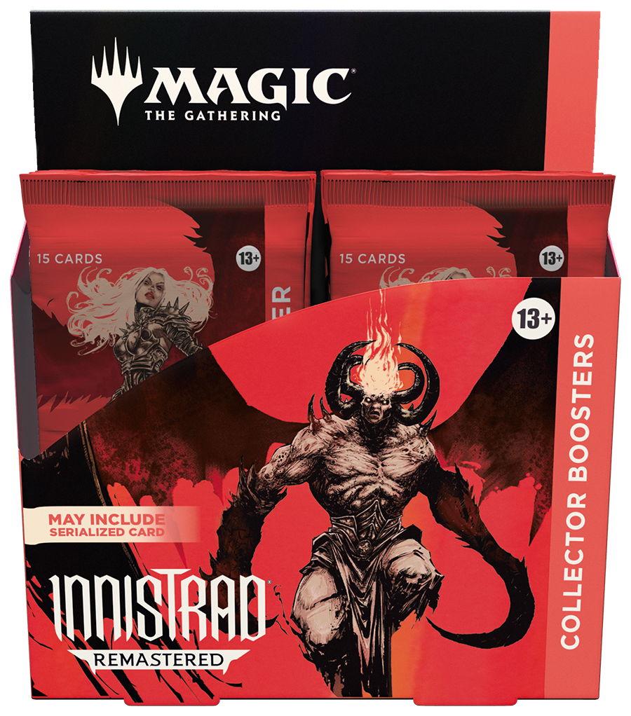 Innistrad Remastered Collector Boosters packaging featuring bold artwork and rare card excitement.