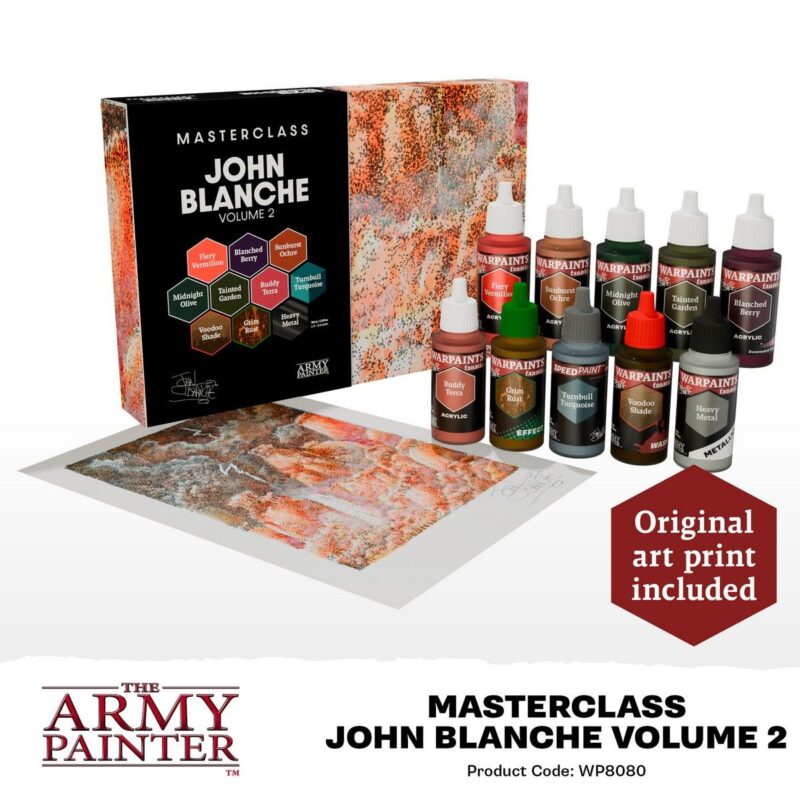 John Blanche Masterclass Volume 2 Art Kit with vibrant paints and original art print.