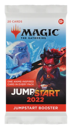 Magic: The Gathering Jumpstart 2022 booster pack features vibrant art and unique anime-inspired cards.