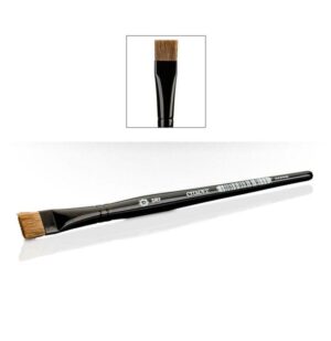 Elegant angled makeup brush with synthetic bristles for precise contouring and eyeshadow application.