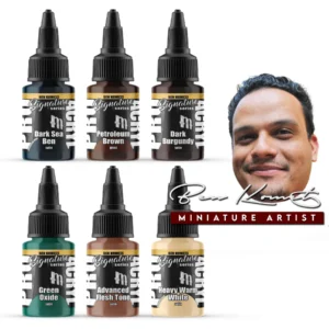 Vibrant paint collection for miniatures features six colors and an enthusiastic artist promoting the products.