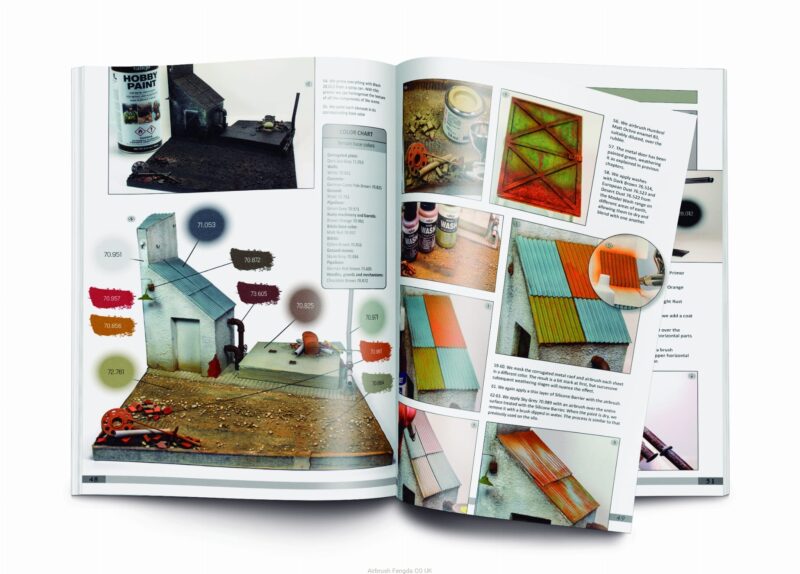 Open magazine featuring model building techniques, colorful shed design, and painting tips.
