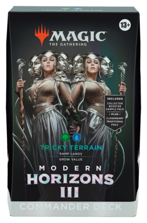 Tricky Terrain Commander Deck: Modern Horizons III features a powerful, mystical character and epic design.