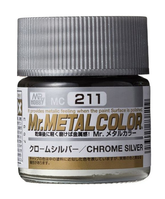 Mr. Metal Color Chrome Silver paint in a sleek jar, perfect for model enthusiasts.