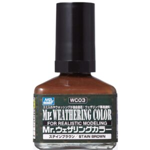 Sleek Mr. Weathering Color bottle in Stain Brown for realistic miniature weathering effects.
