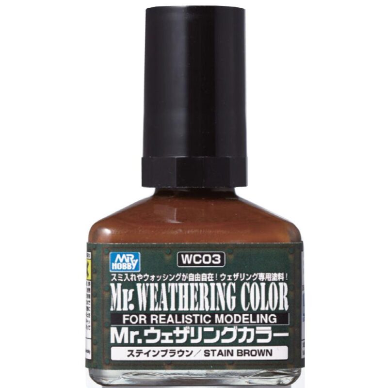 Sleek Mr. Weathering Color bottle in Stain Brown for realistic miniature weathering effects.