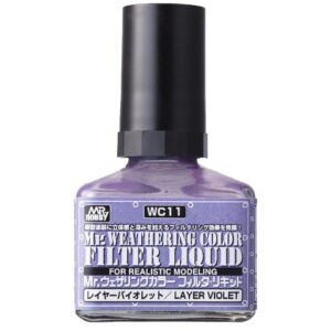 Mr. Weathering Violet Filter Liquid enhances scale models with realistic depth and detail.
