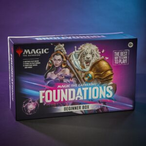 Explore the vibrant Magic: The Gathering Foundations beginner box with captivating fantasy characters.