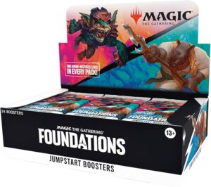 Vibrant Magic: The Gathering Foundations Jumpstart Booster display, showcasing exciting artwork and themes.