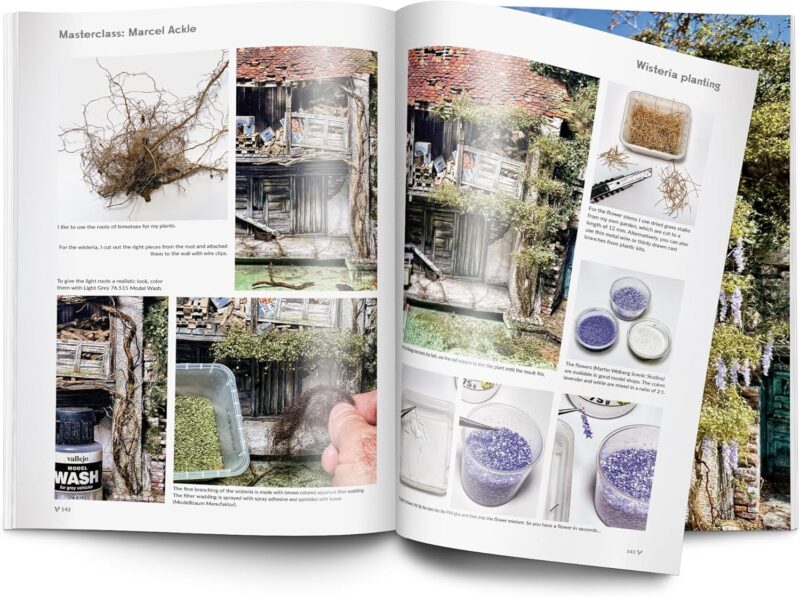 Open book on herbalism and natural dyeing with vibrant illustrations and colorful powders.