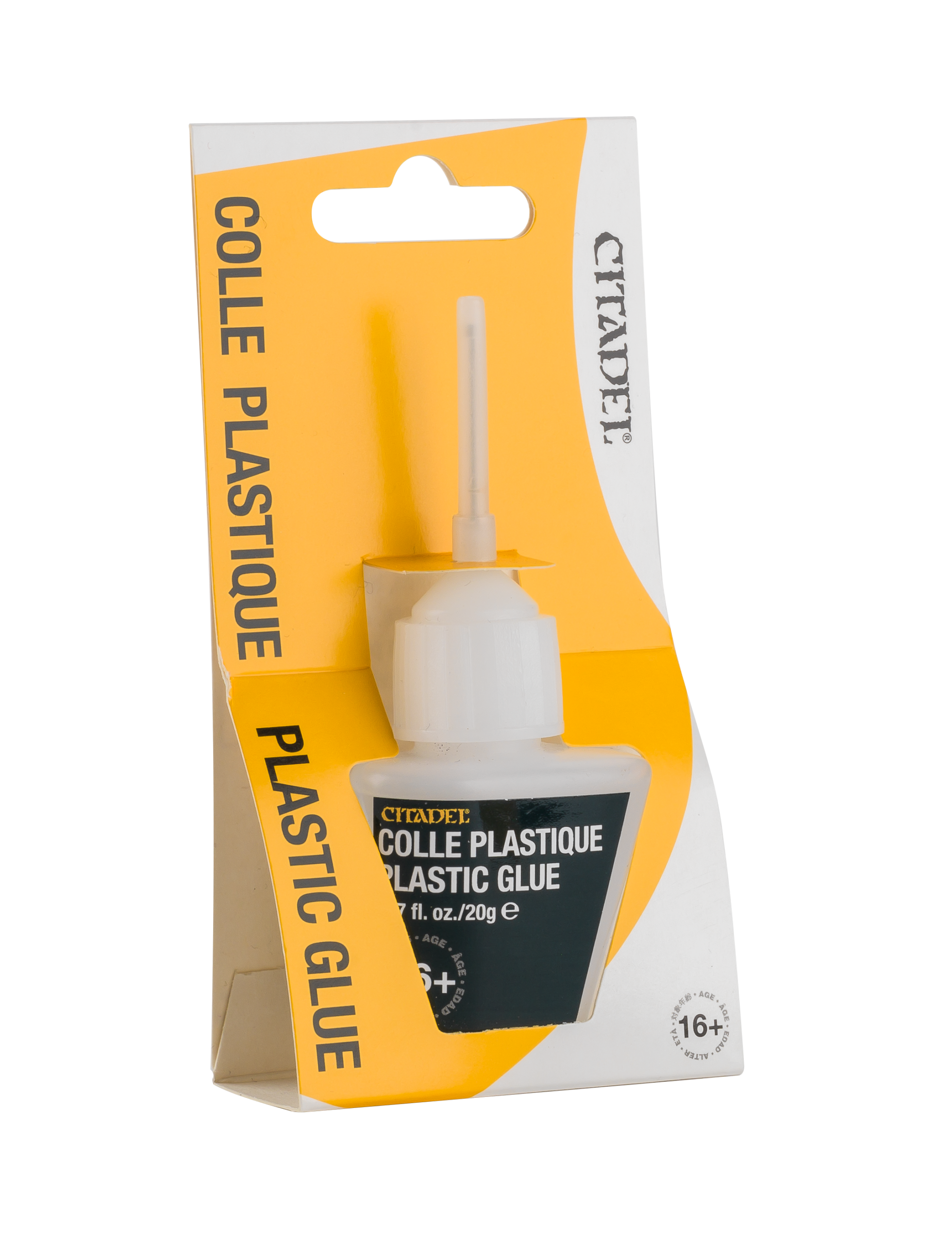 Precision plastic glue bottle with tapered tip, ideal for crafting and model building projects.