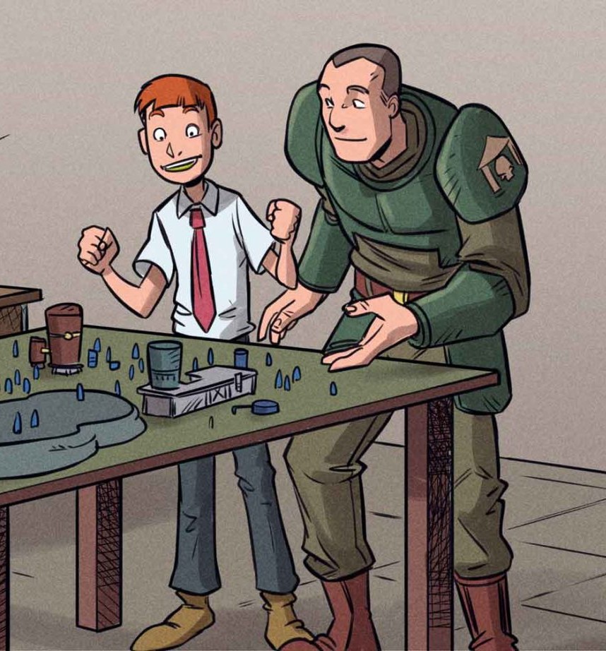 Excited boy and adult in armor share a joyful gaming moment filled with creativity.