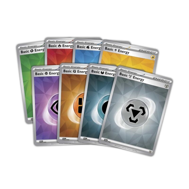 Colorful Pokémon TCG energy cards displayed in a fan shape, showcasing diverse gameplay strategies.