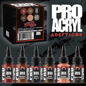 Vibrant PRO ACRYL Adepticon paint set for miniature artists, featuring easy-to-identify color bottles.