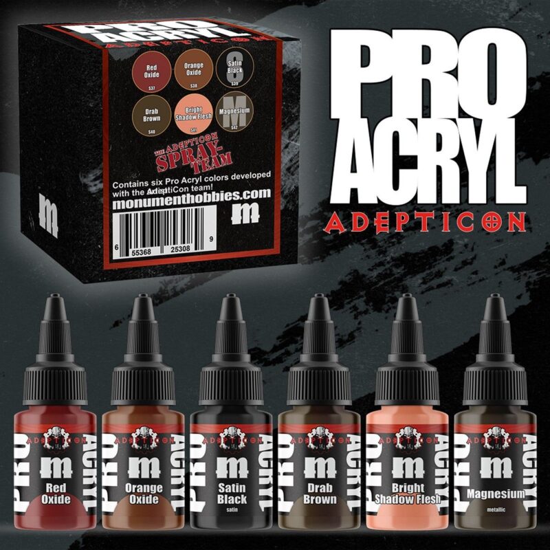 Vibrant PRO ACRYL Adepticon paint set for miniature artists, featuring easy-to-identify color bottles.