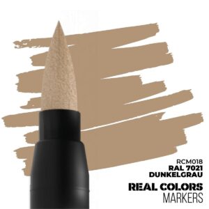 Black Real Colors marker with fine nib and Dunkelgrau color swatch for artists.