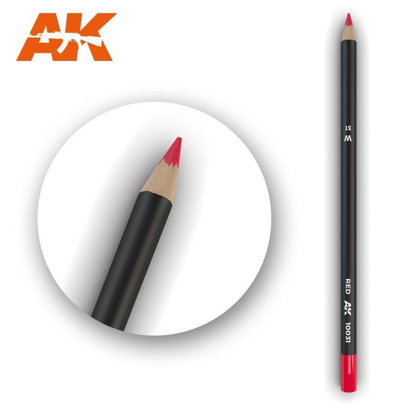 Vibrant red AK colored pencil with sleek black design, perfect for bold artistic creations.