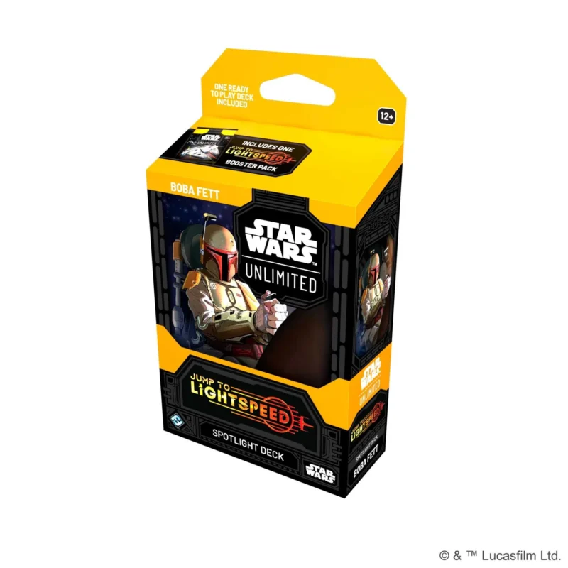 Star Wars: Unlimited - Journey to Lightspeed box art featuring a dynamic Mandalorian bounty hunter.