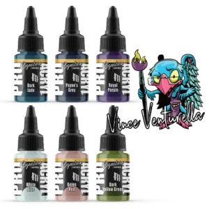 Colorful paint bottles featuring various hues and a whimsical character illustration for creative projects.