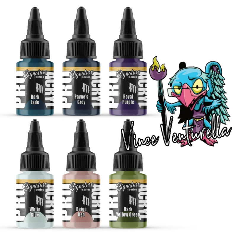 Colorful paint bottles featuring various hues and a whimsical character illustration for creative projects.