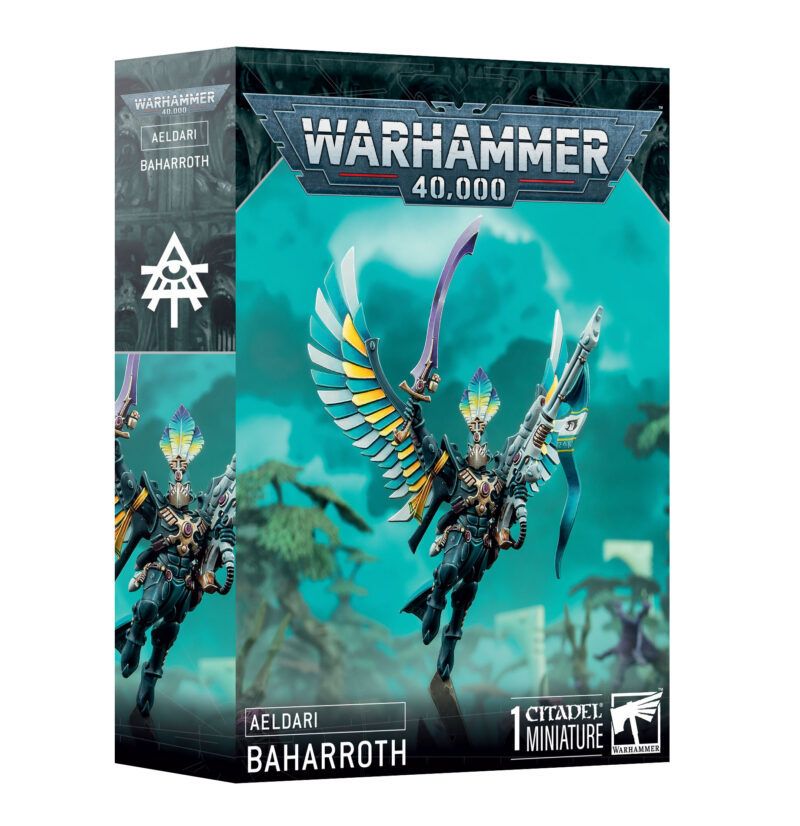 Aeldari Baharroth miniature for Warhammer 40,000, featuring vibrant colors and dynamic artwork.