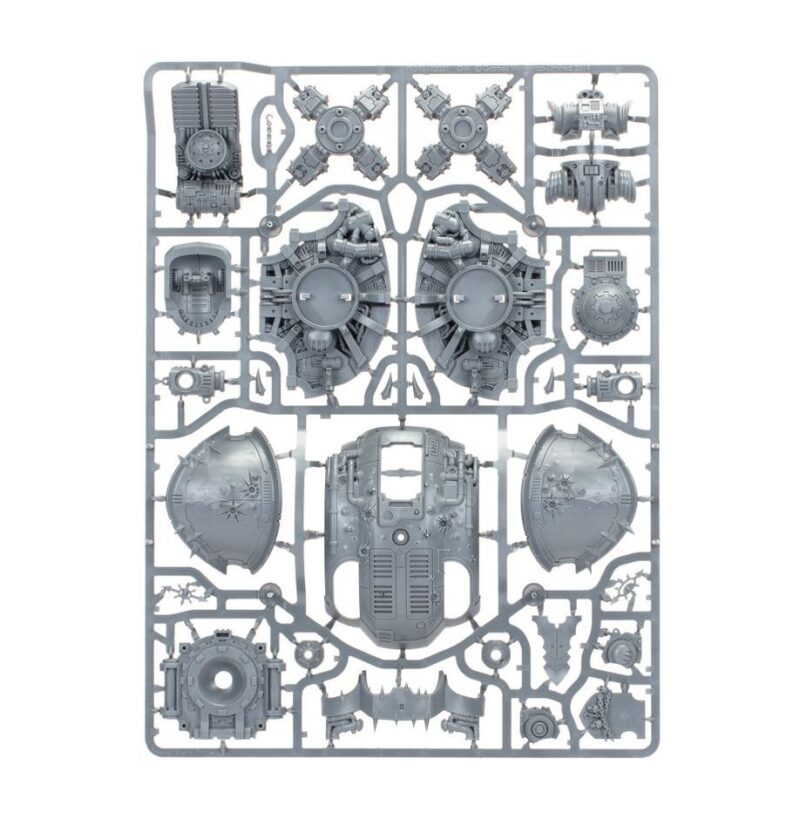 Gray plastic model sprue featuring customizable components for tanks and mechs in miniature gaming.