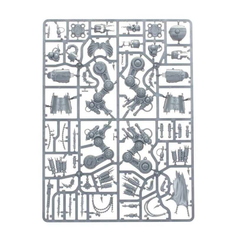 Gray plastic sprue with customizable components for detailed model figures and vehicles.