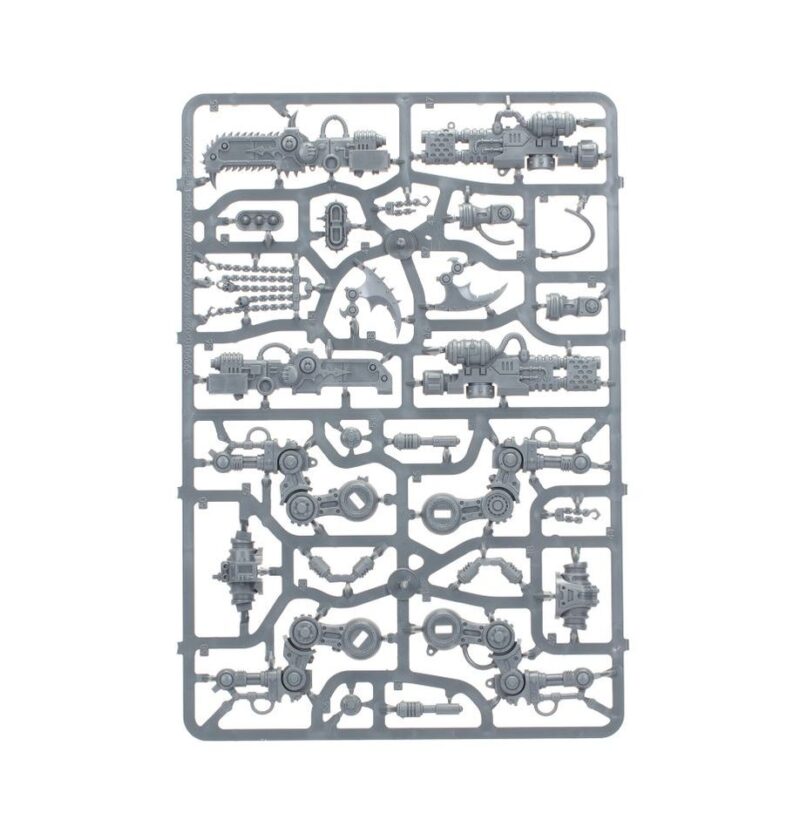 Intricate gray plastic sprue with detailed components for assembling futuristic model kits.